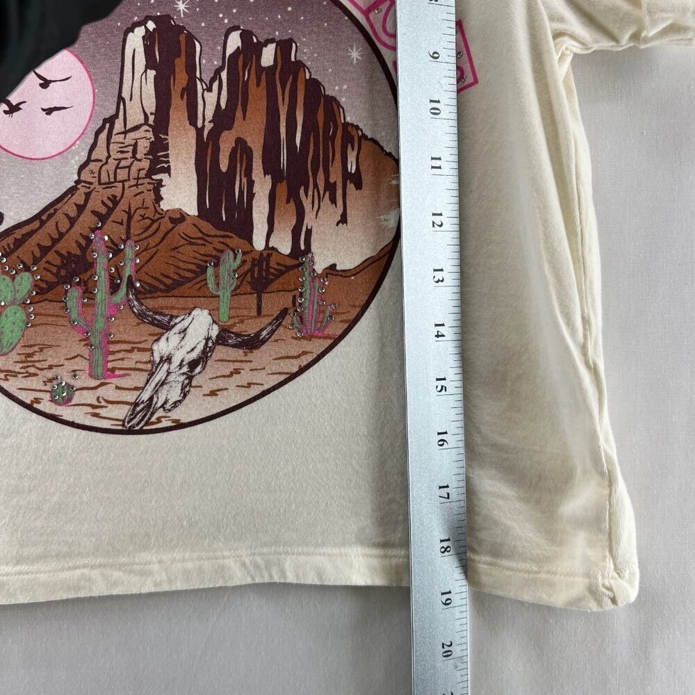 Darling Blue Cropped Shirt Womens XS Crew Neck Cuffed Go Wild West Graphic Cream - Picture 7 of 9